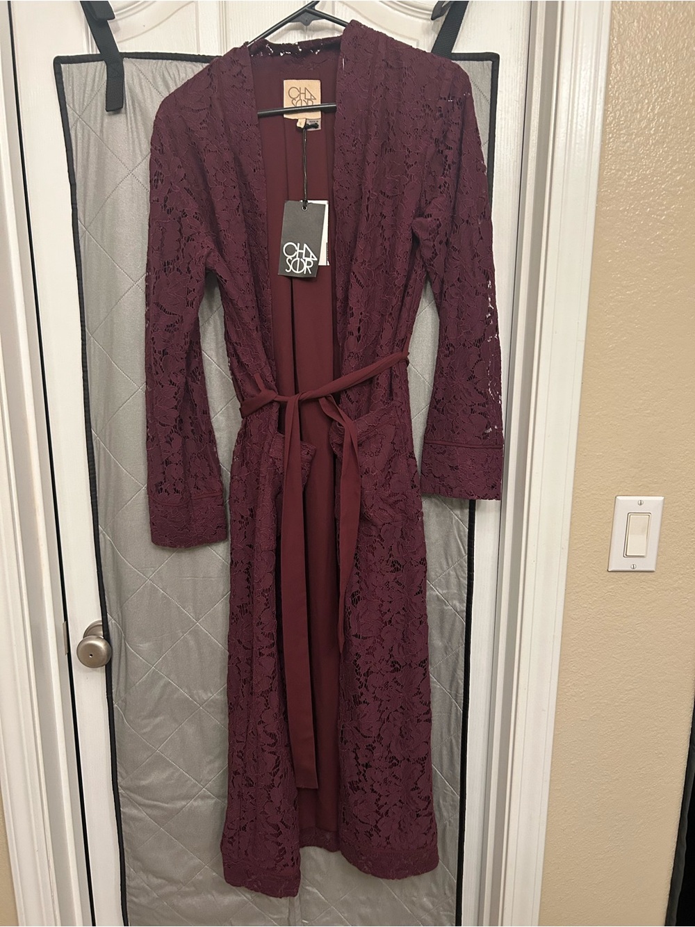 Chaser Wine Lace Long Robe with Tie Belt